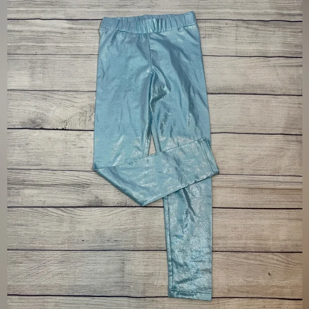 Girls Metallic Blue Shimmer Leggings Size L 10–12 NWT Stretch Elastic Waist